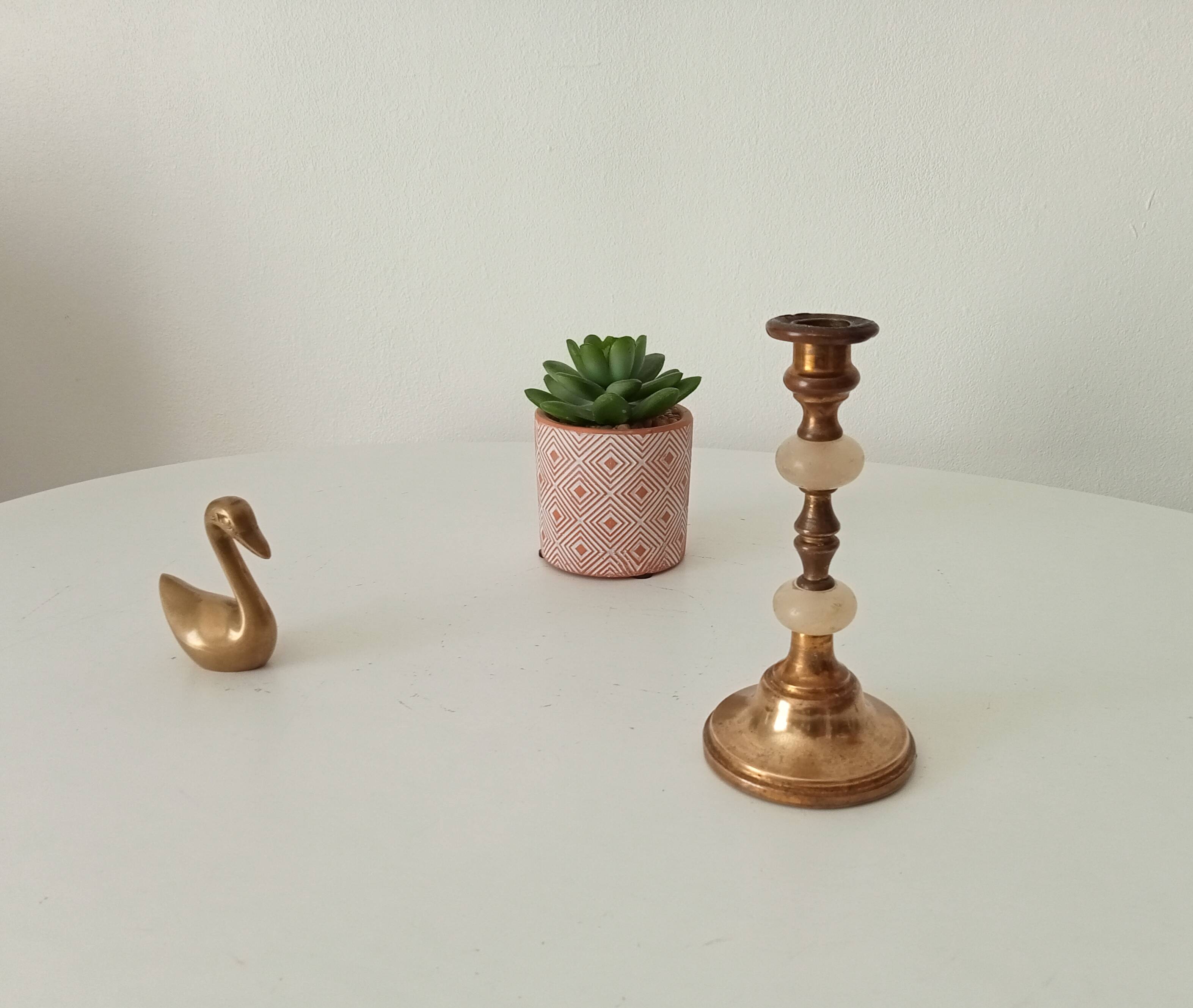 Antique brass and alabaster candlestick