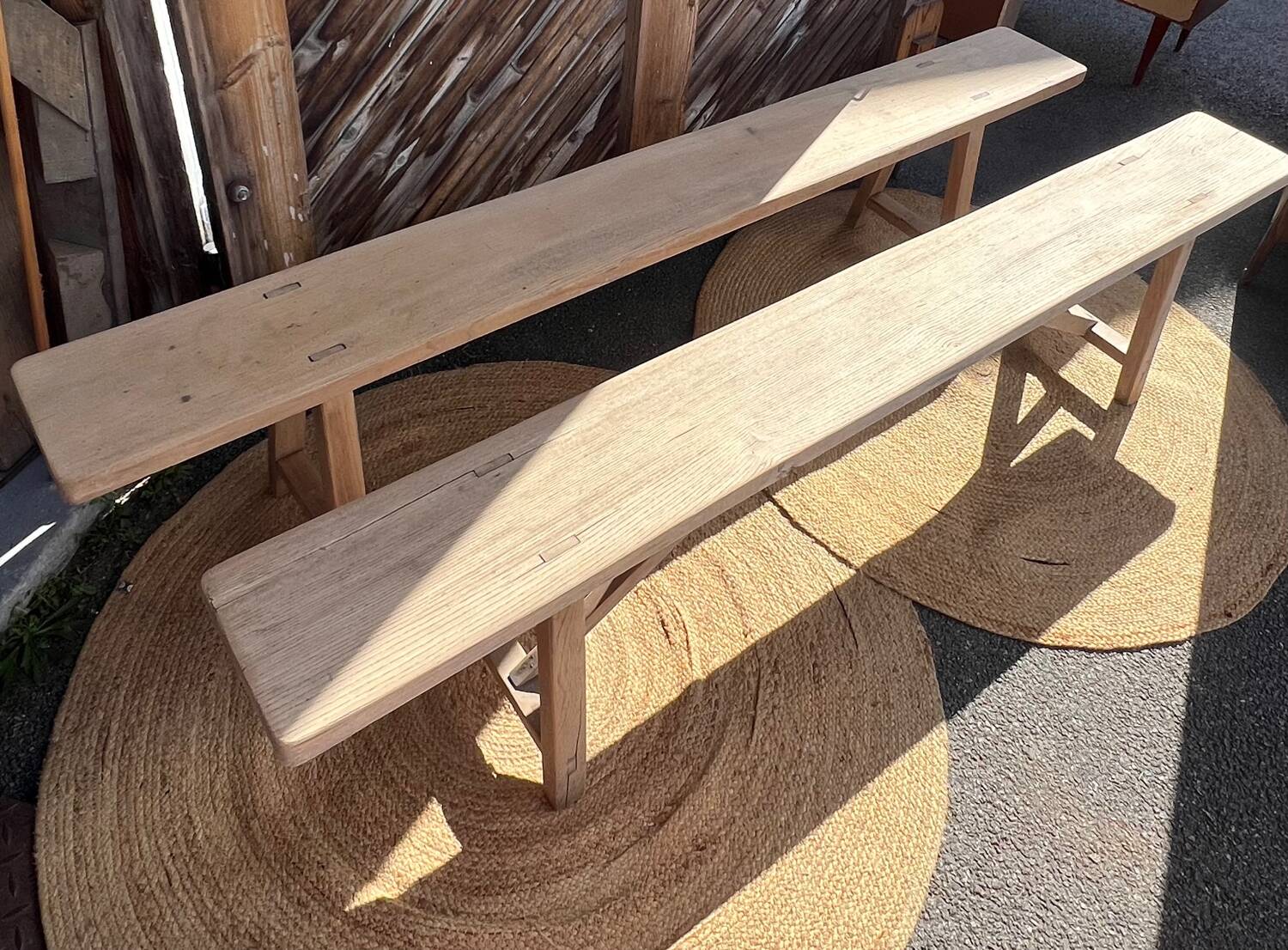 Pair of antique farmhouse benches in raw solid wood - length 2m