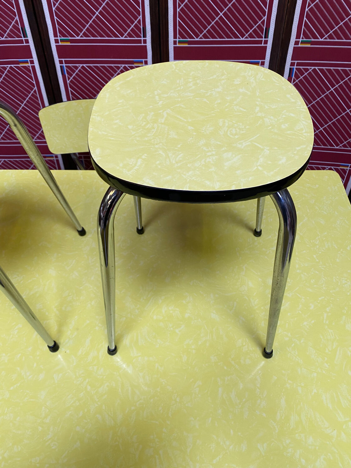 Roger Breton yellow formica set for Tublac, table, 6 chairs, 2 stools, 60s