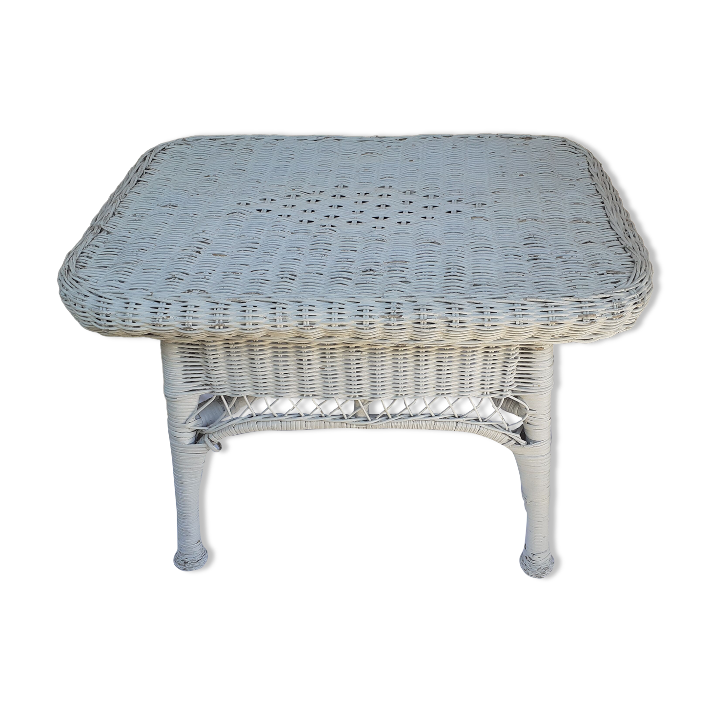 Vintage white rattan coffee table.