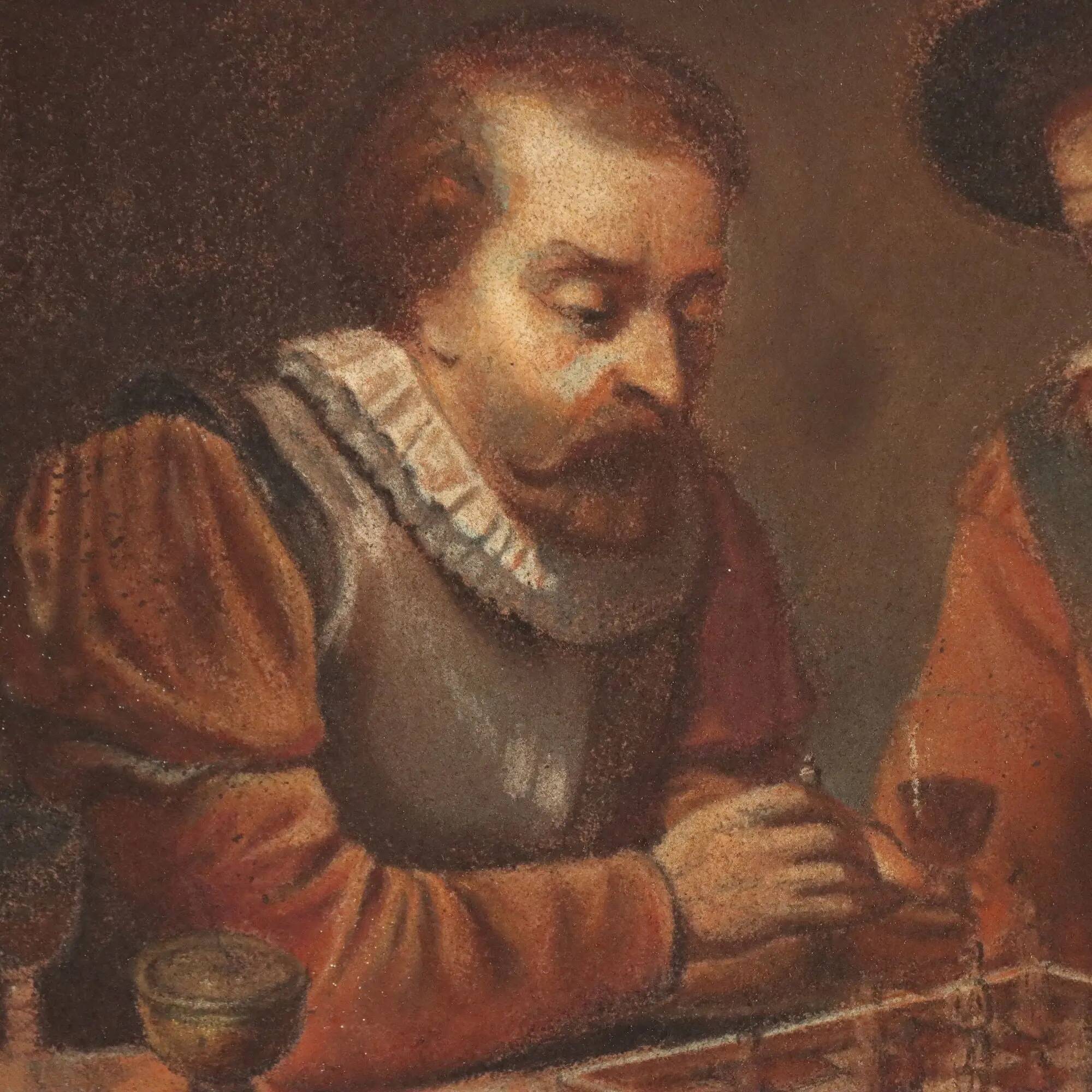 Old painting "The Chess Players" in pencil on paper, 19th century.