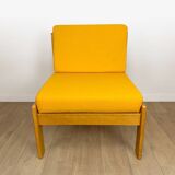 Pair of vintage Scandinavian armchairs in pine and fabric.