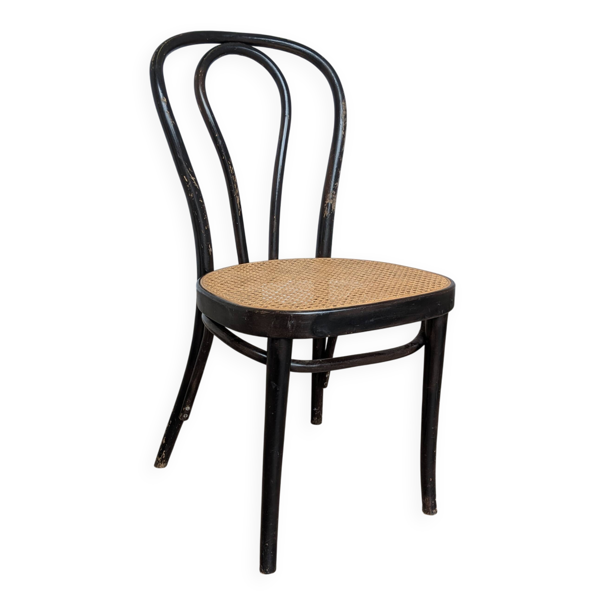 Chaise de salle à manger vintage style Thonet en bois noir et assise en cannage 1970