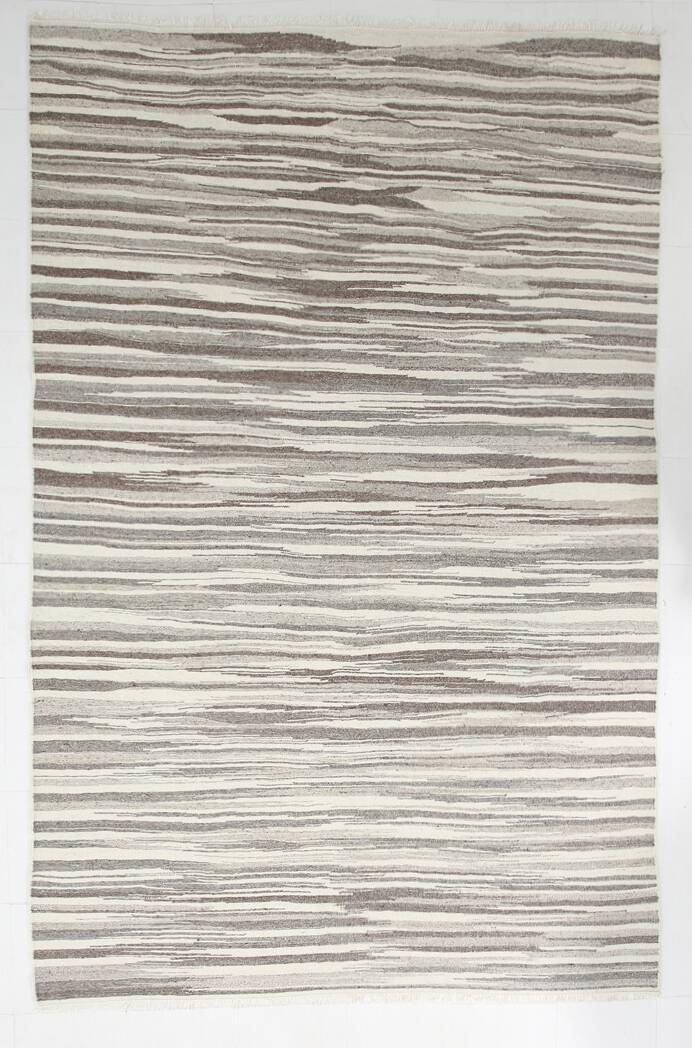 8x11 Brown Beige Minimalist Handmade Wool Kilim Rug, 226x350Cm