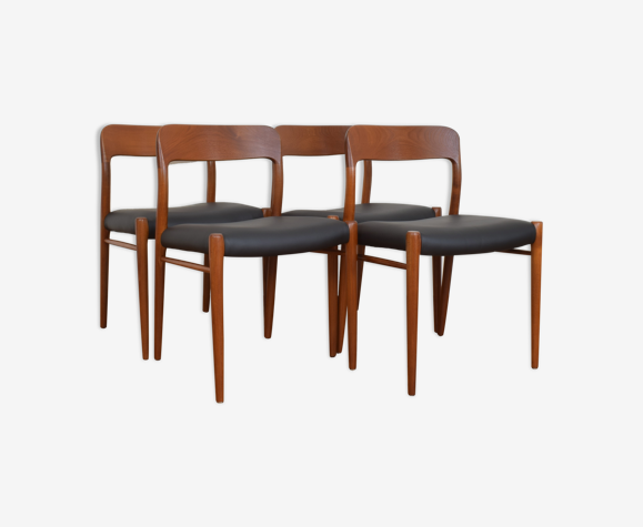 Set Of 4 Mid Century Danish Teak Leather Dining Chairs By N O Moller For J L Moller 1960s Selency
