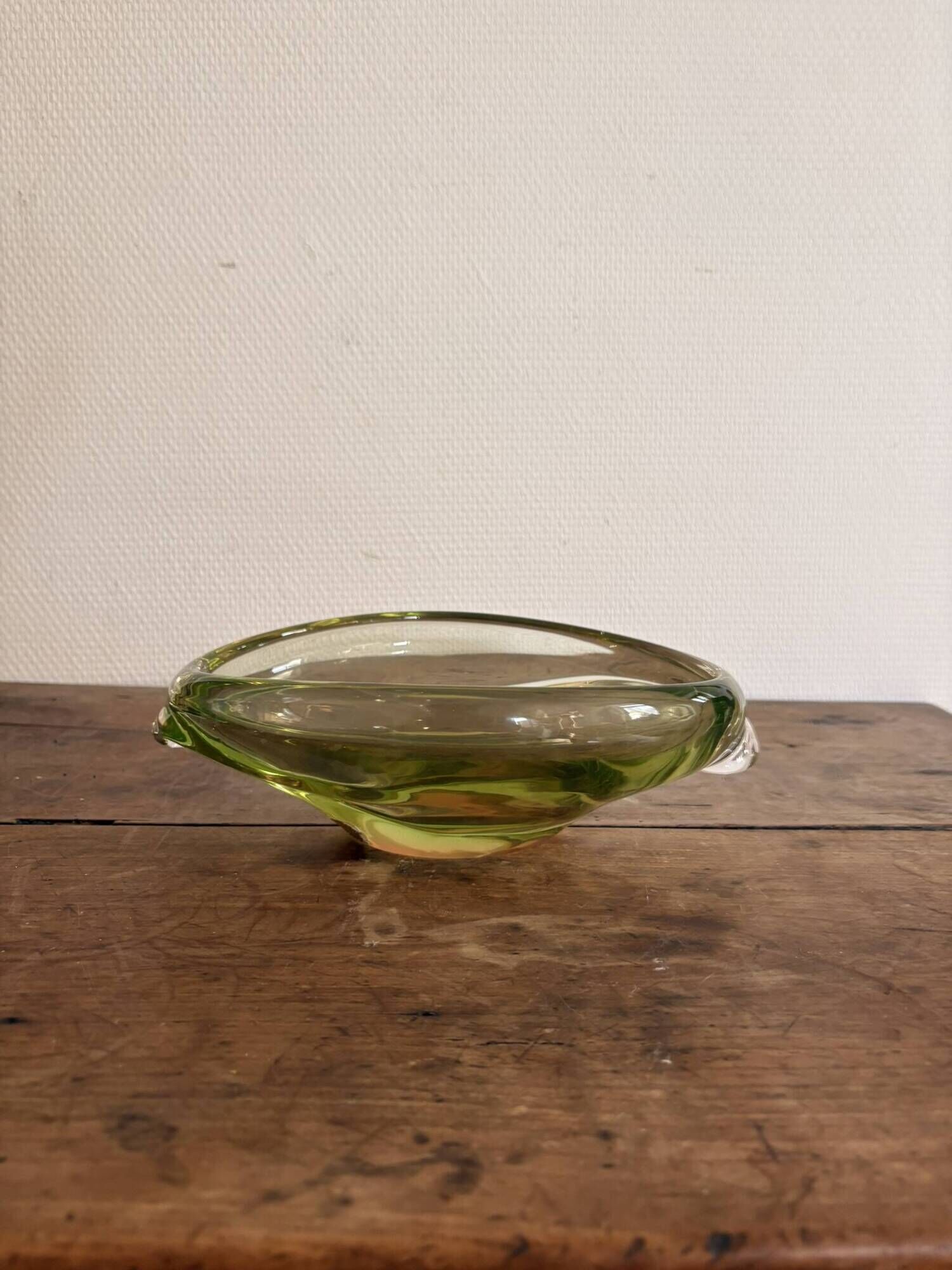 Old Pocket Bowl Fruit Dish Green Olive Crystal Bohemian Czechoslovakian