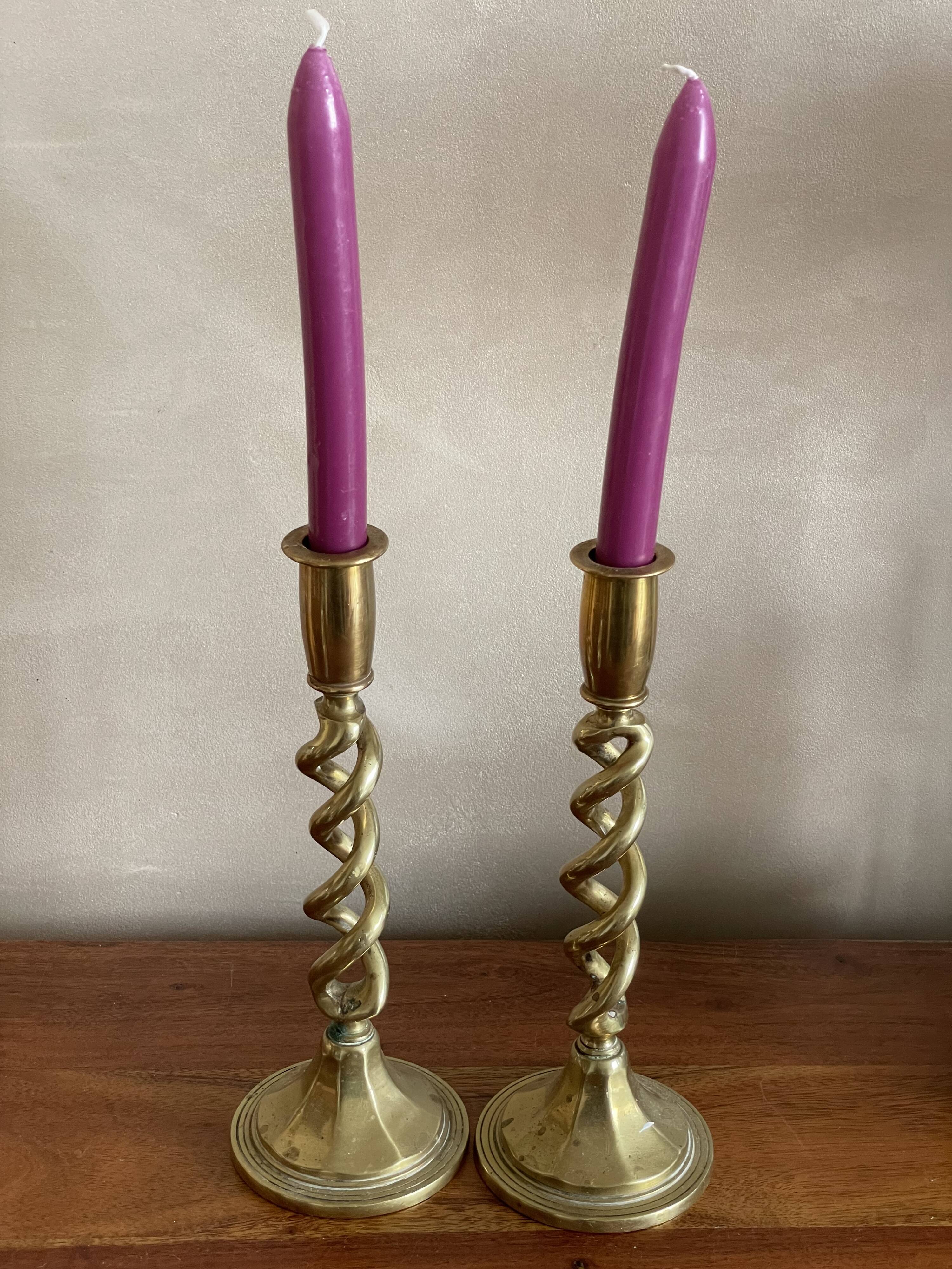 Duo of twisted brass candle holders