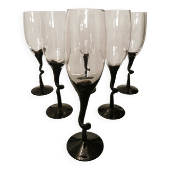Set of 6 vintage blown glass champagne flutes