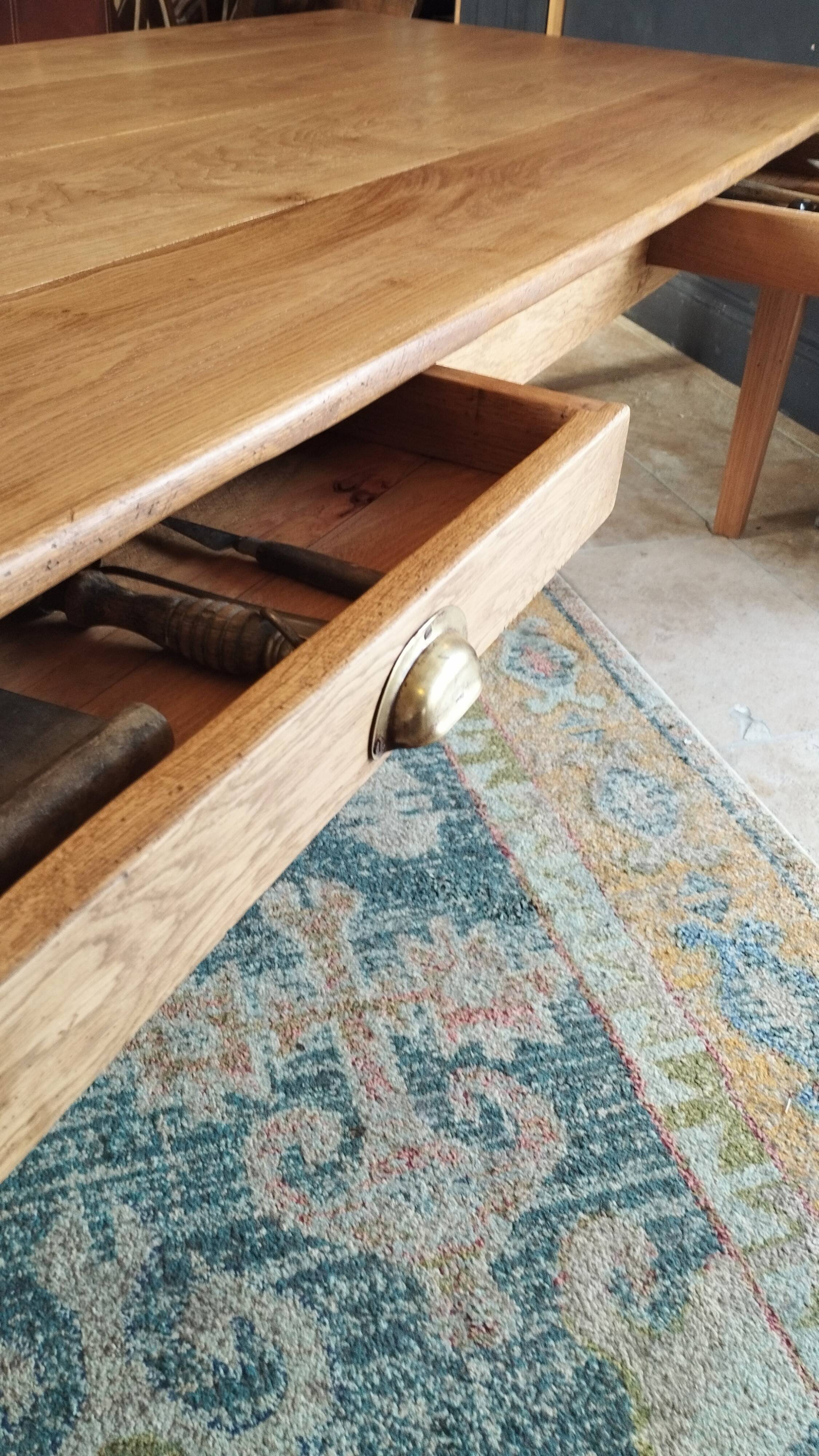 Solid oak farmhouse table, gilded and patinated, two drawers, 260 x 100 cm