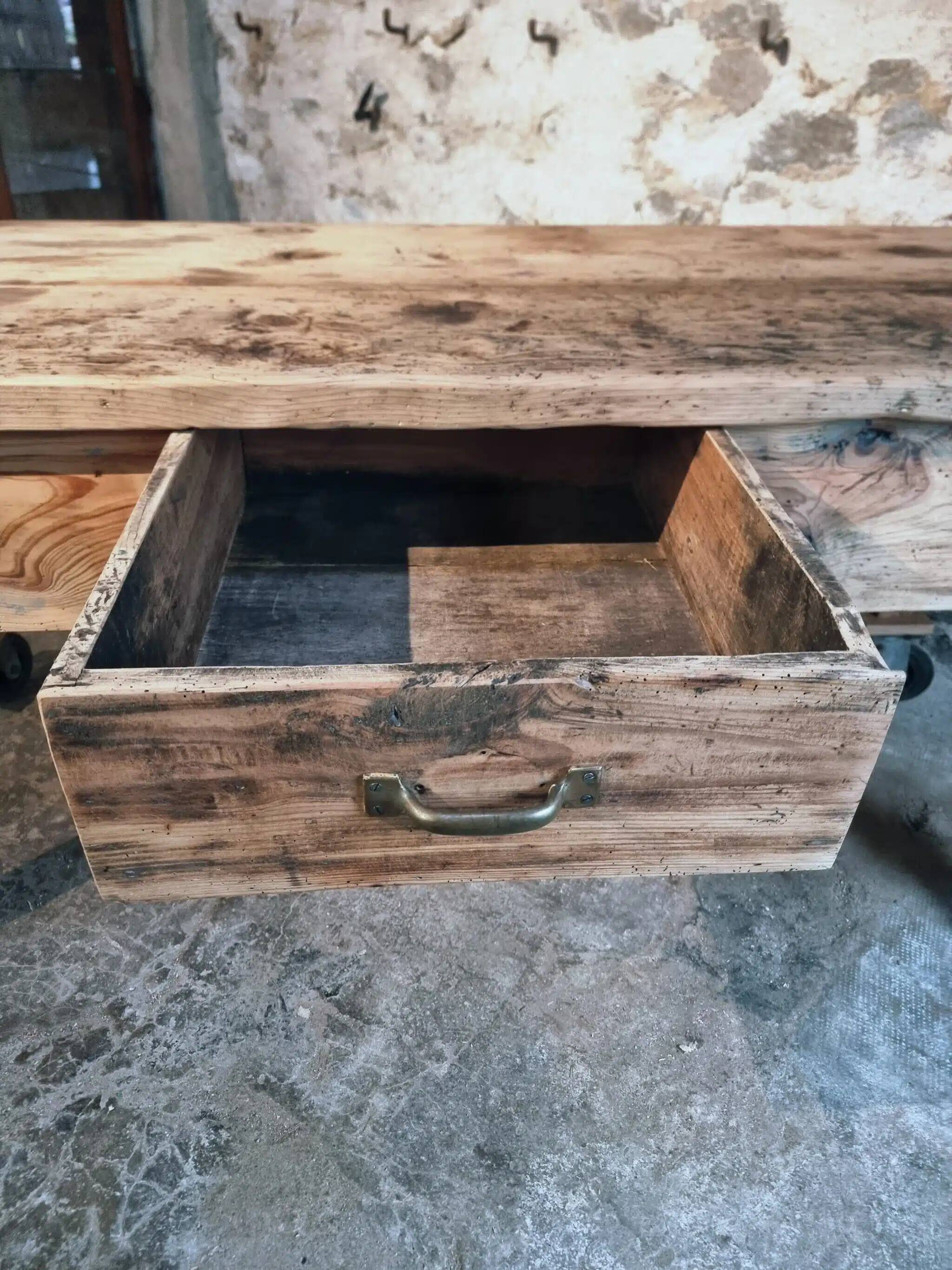 Vintage French pine work table, 1930s industrial kitchen island with drawer and casters