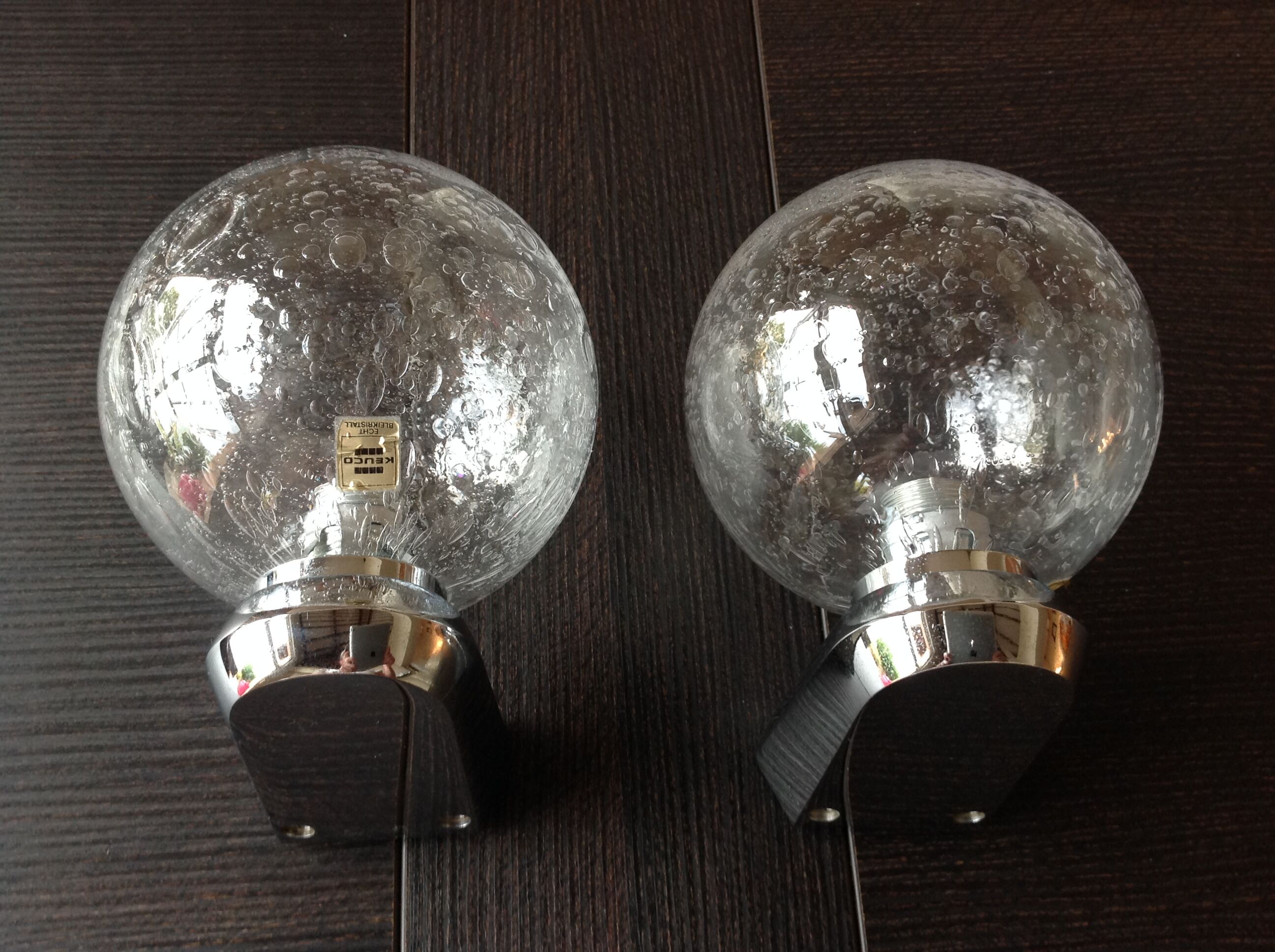Pair of chrome sconces and crystal globe bubbled by Keuco / vintage 70s