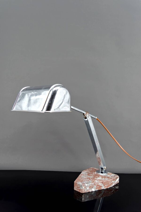 Grande Lampe de Bureau, Chrome, Aluminium et Marbre, Art Déco Moderniste