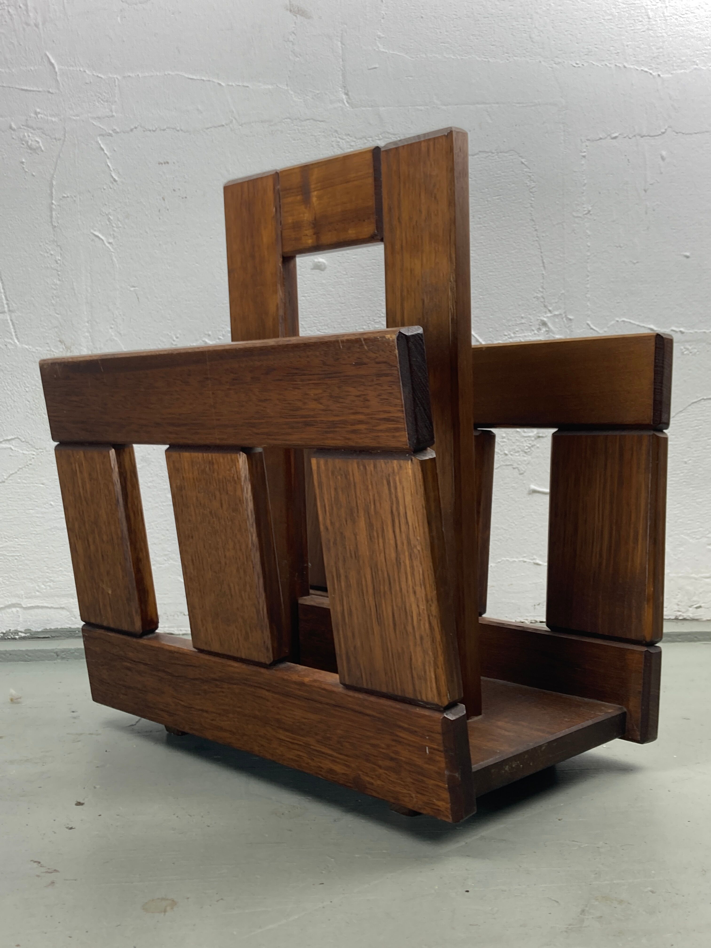 Midcentury brutalist oak magazine rack or holder, Dutch ca 1960s