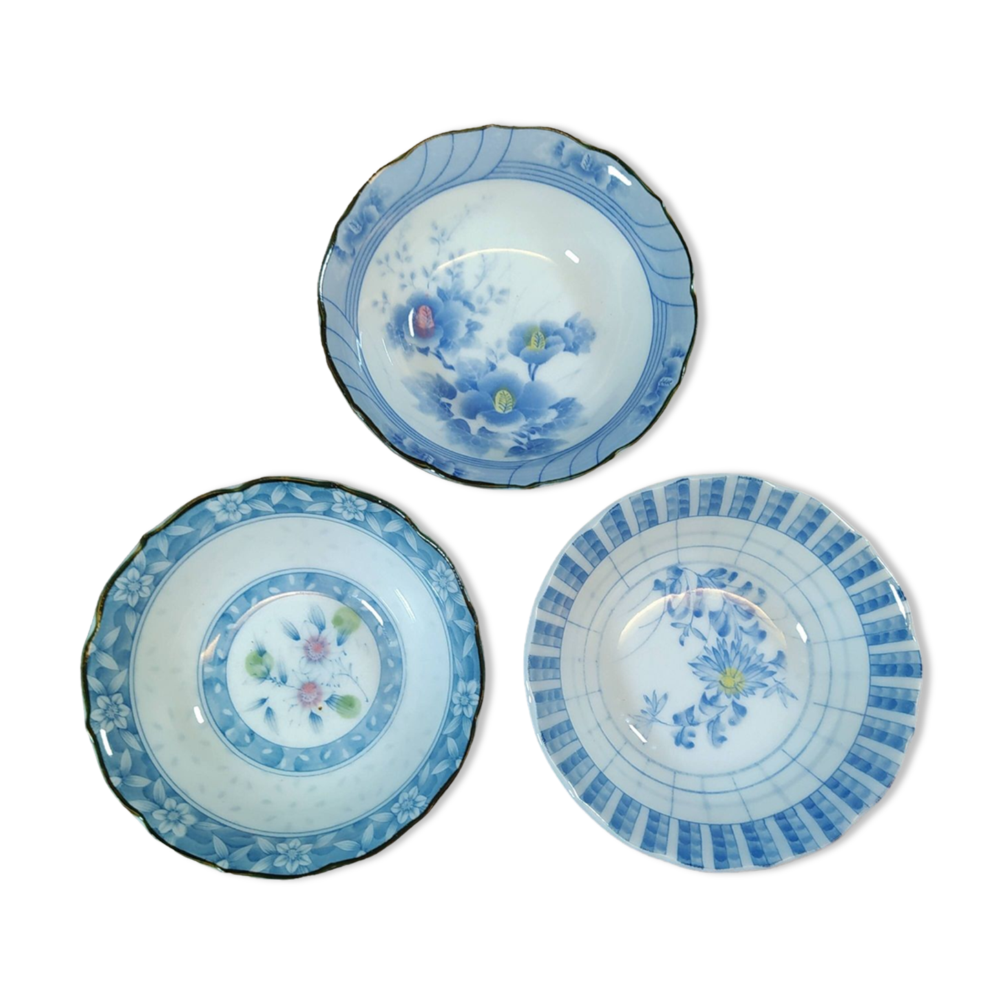 Trio of Ceramic Bowls with Japanese Patterns