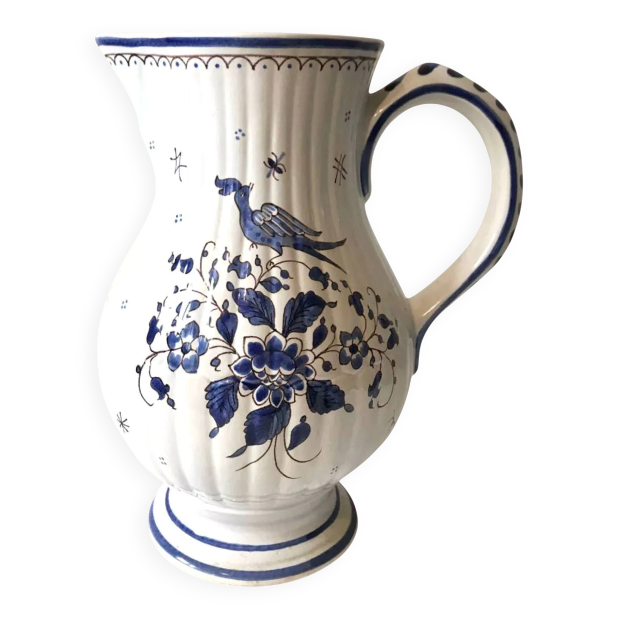 Moutiers earthenware jug, hand-painted blue decoration.