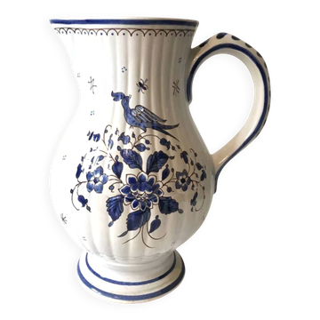 Moutiers earthenware jug, hand-painted blue decoration.