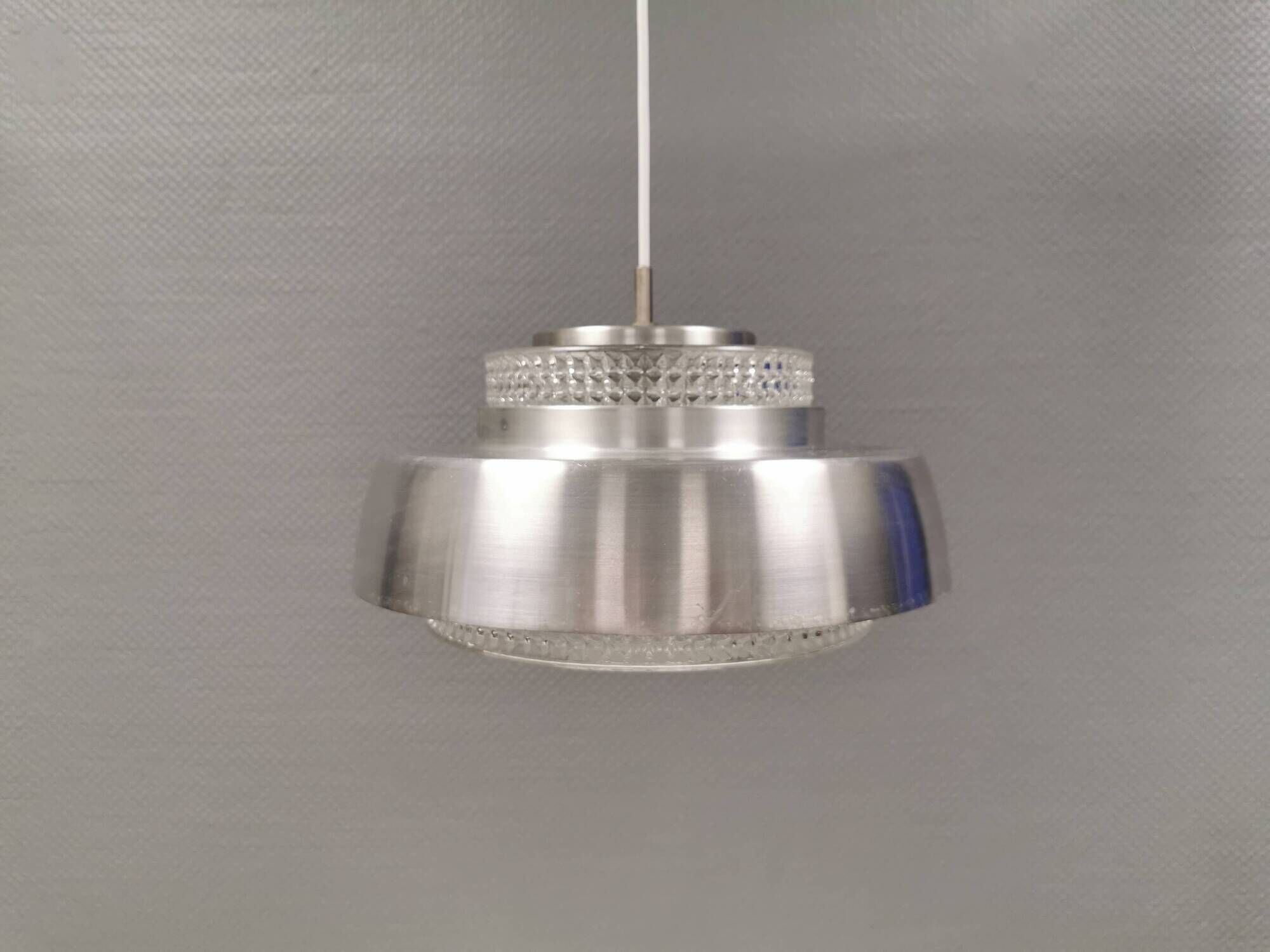 Hanging lamp in aluminium and hard pressed crystal glass. Denmark 1980s