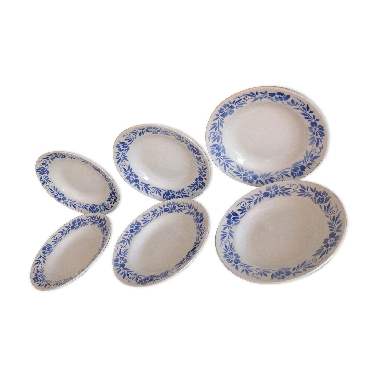 Suite of six white hollow plates with blue flowers by Moulin des Loups / vintage years 50-60