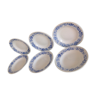 Suite of six white hollow plates with blue flowers by Moulin des Loups / vintage years 50-60