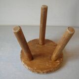 Old tripod stool with 3 wooden legs, painted floral decoration, flower bouquet