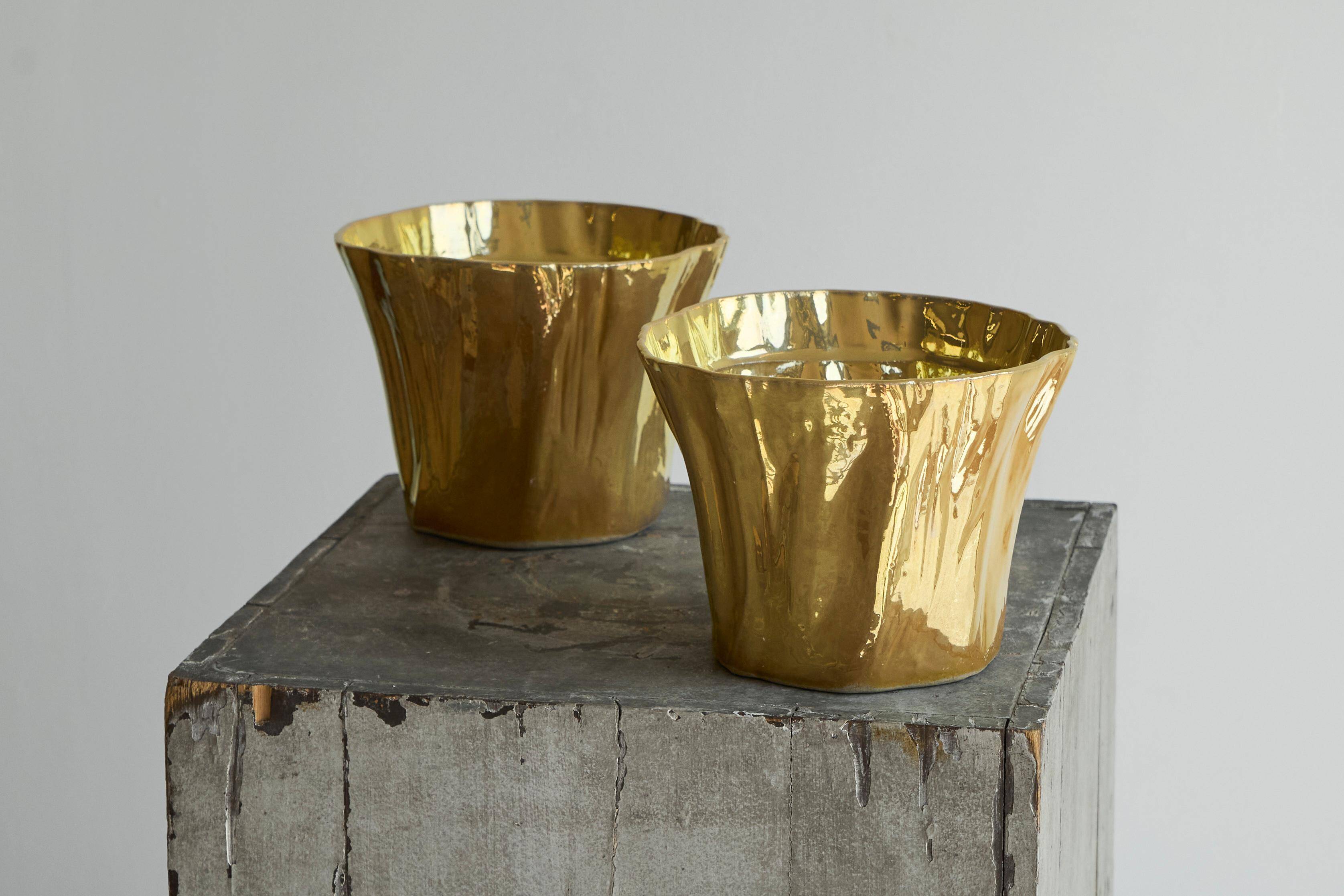 Pair of Kasper Mobach vases in pottery with golden glaze from the 1990s.