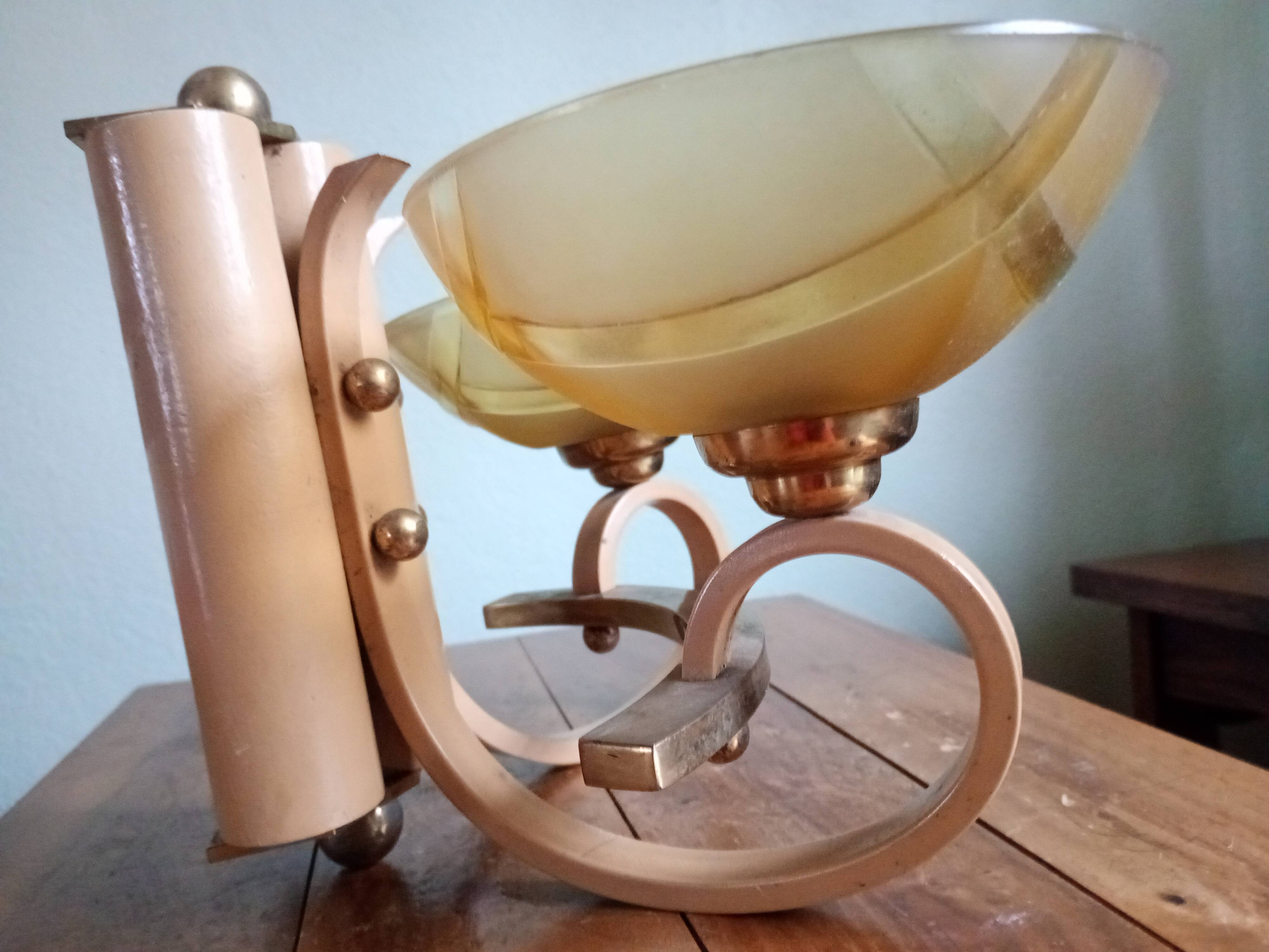 Double retro wall light - painted wood & brass - amber yellow frosted glass cups