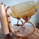 Double retro wall light - painted wood & brass - amber yellow frosted glass cups