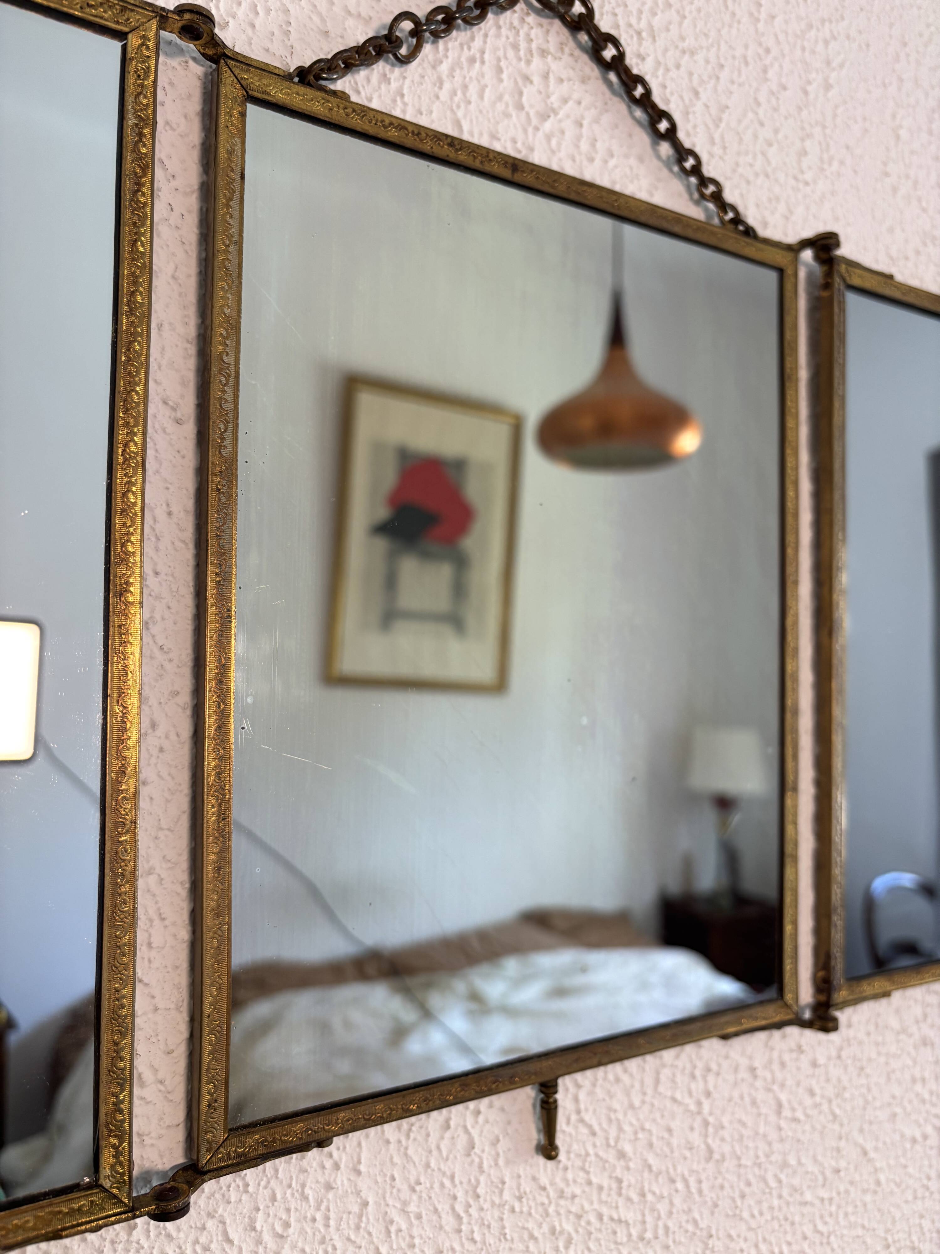 Vintage 1900s triptych barber mirror JB gilt burgundy - 30 x 67 cm