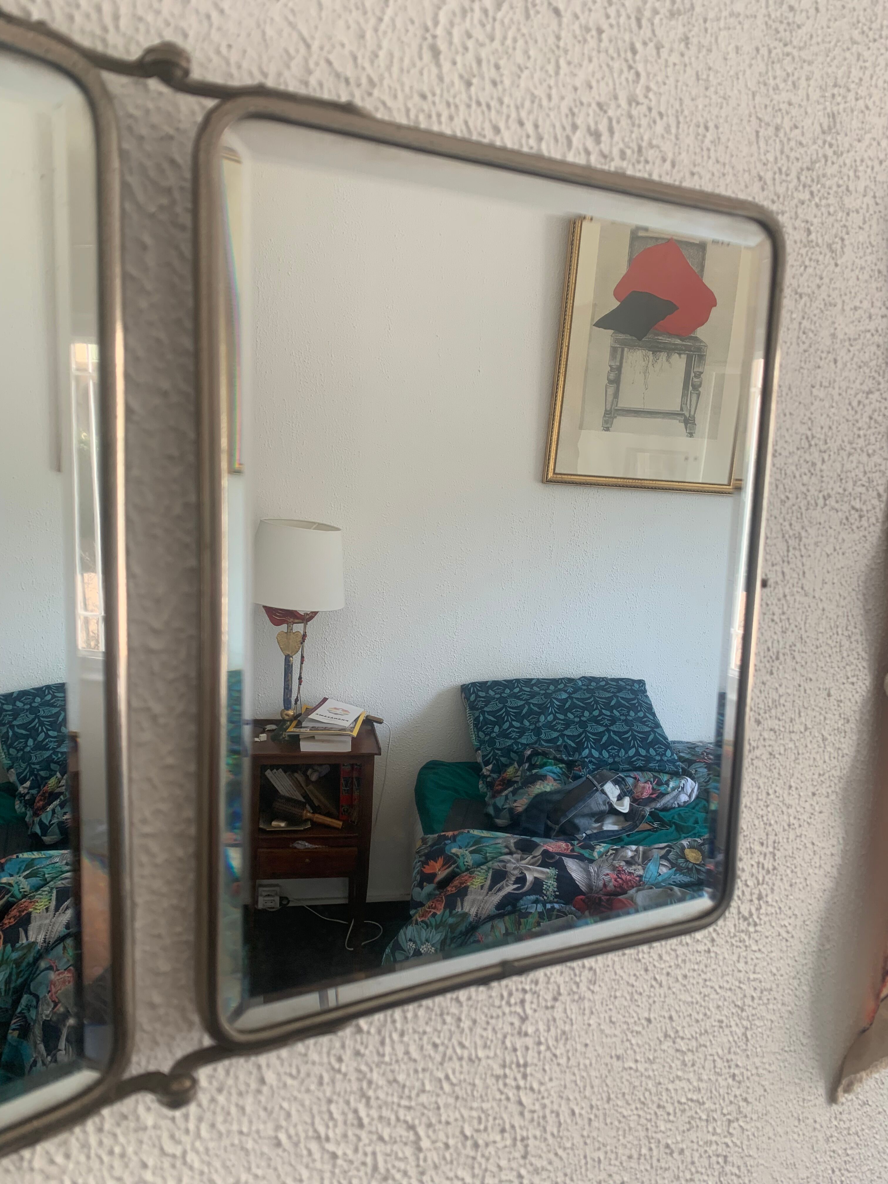 Vintage mirror 1930 triptych beveled barber Art Deco fabric - 28 x 68 cm