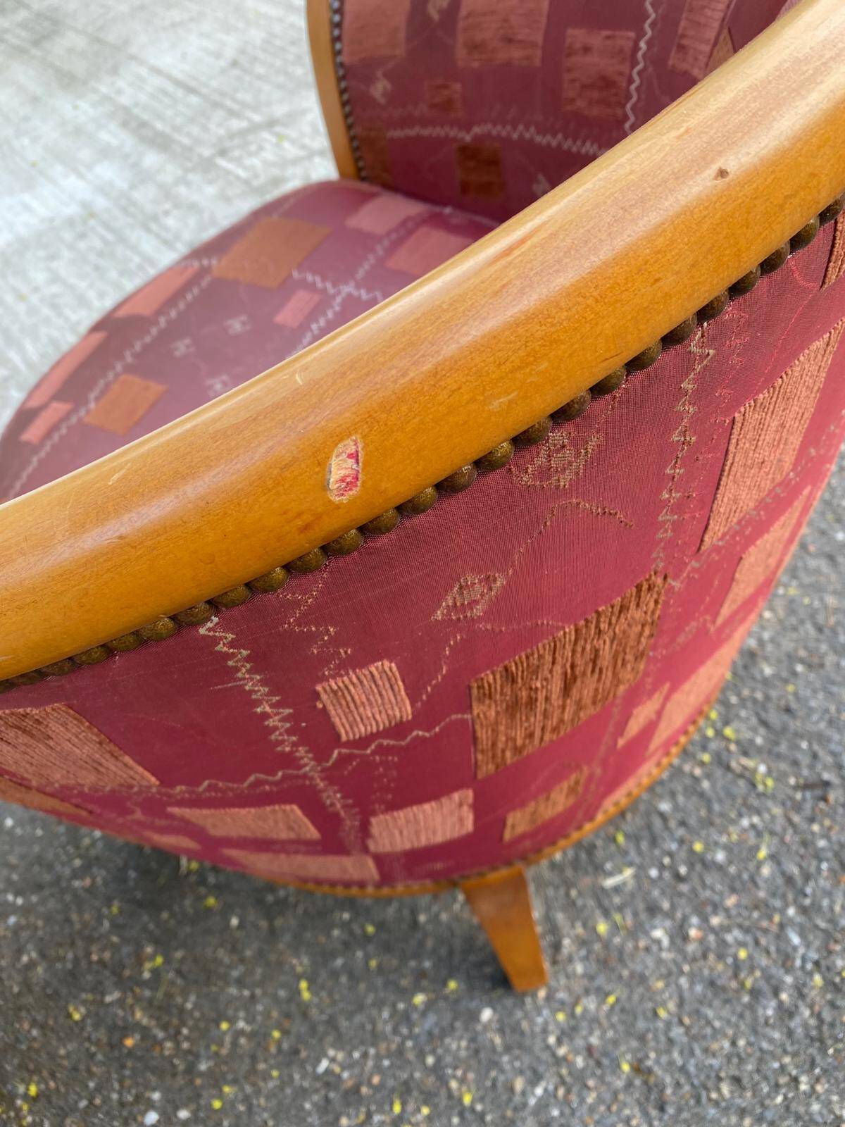 2 club chairs in curved solid wood and embroidered silk burgundy fabric.