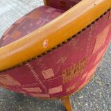 2 club chairs in curved solid wood and embroidered silk burgundy fabric.