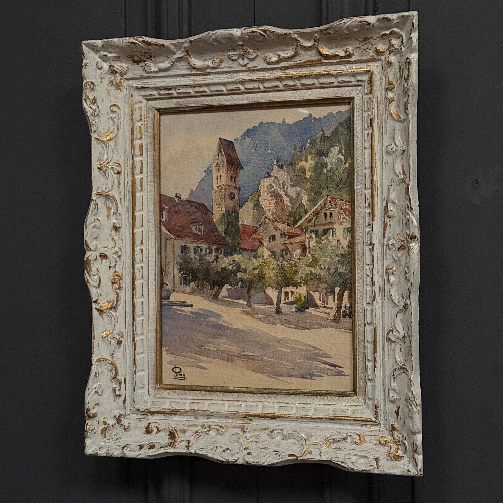 Watercolor on paper 1920 mountain village whitewashed frame