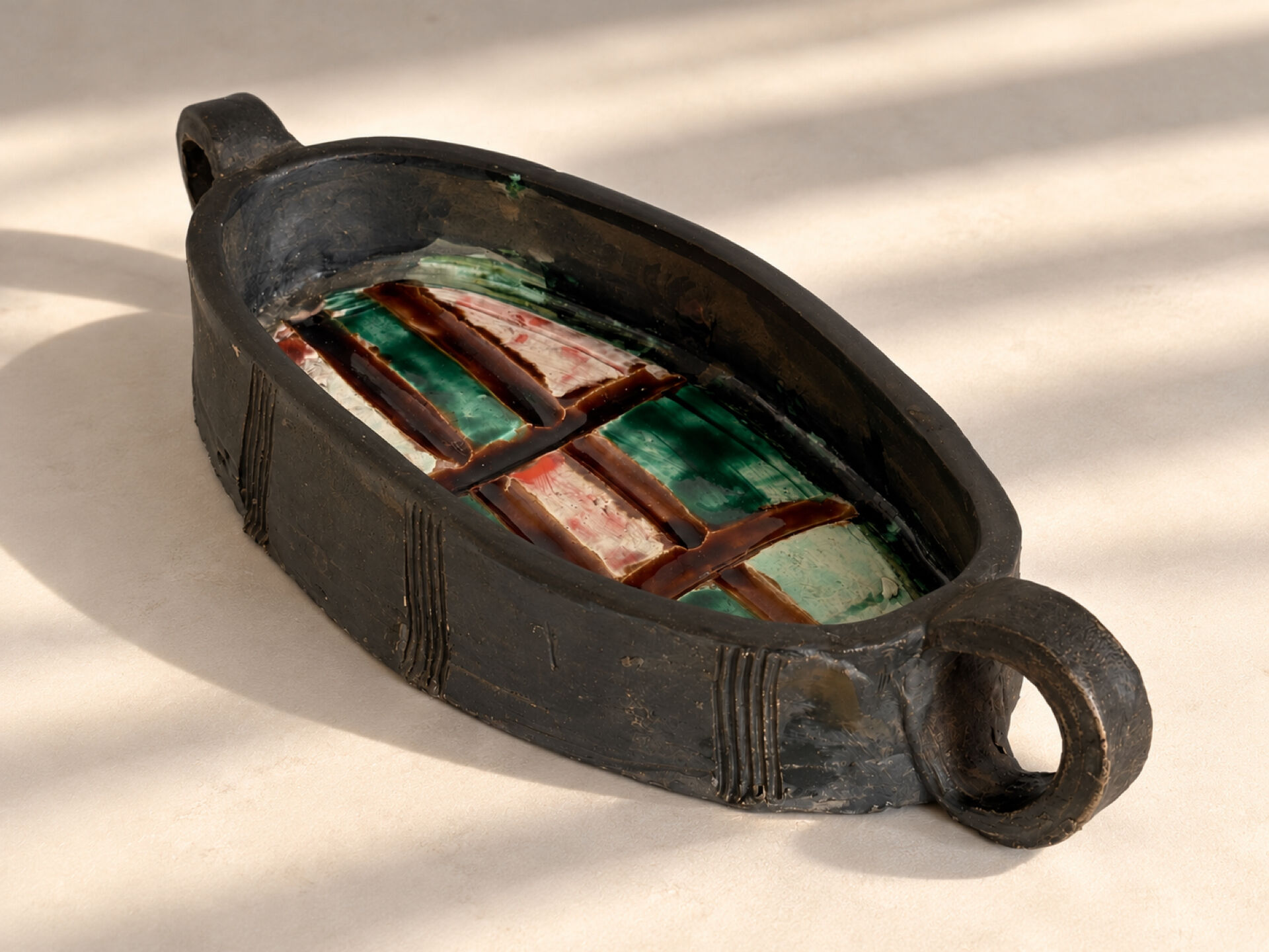 Oval bowl with two handles in glazed ceramic, 1970-71