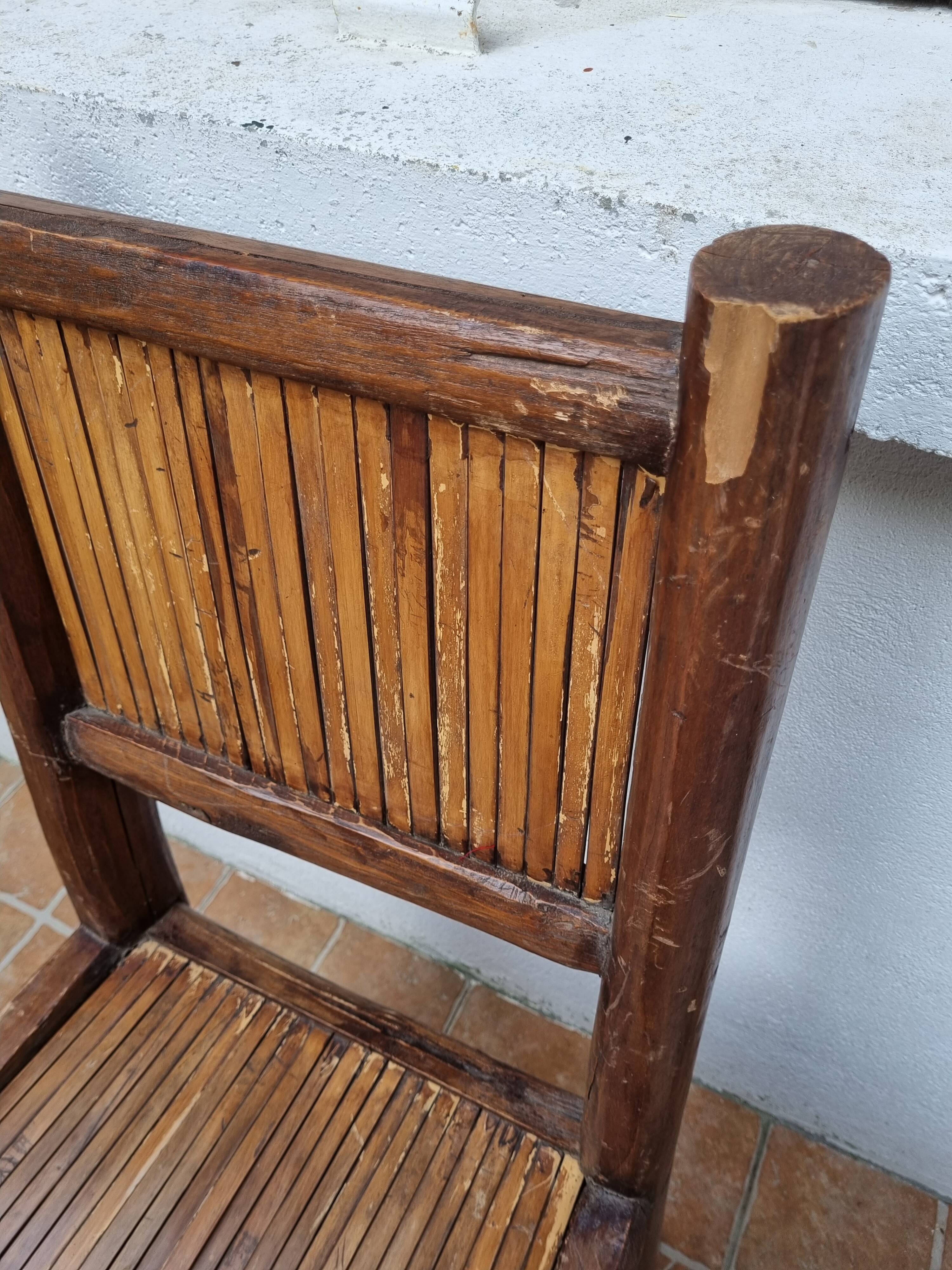 Pair of solid wood and bamboo chairs, brutalist style, 90 cm