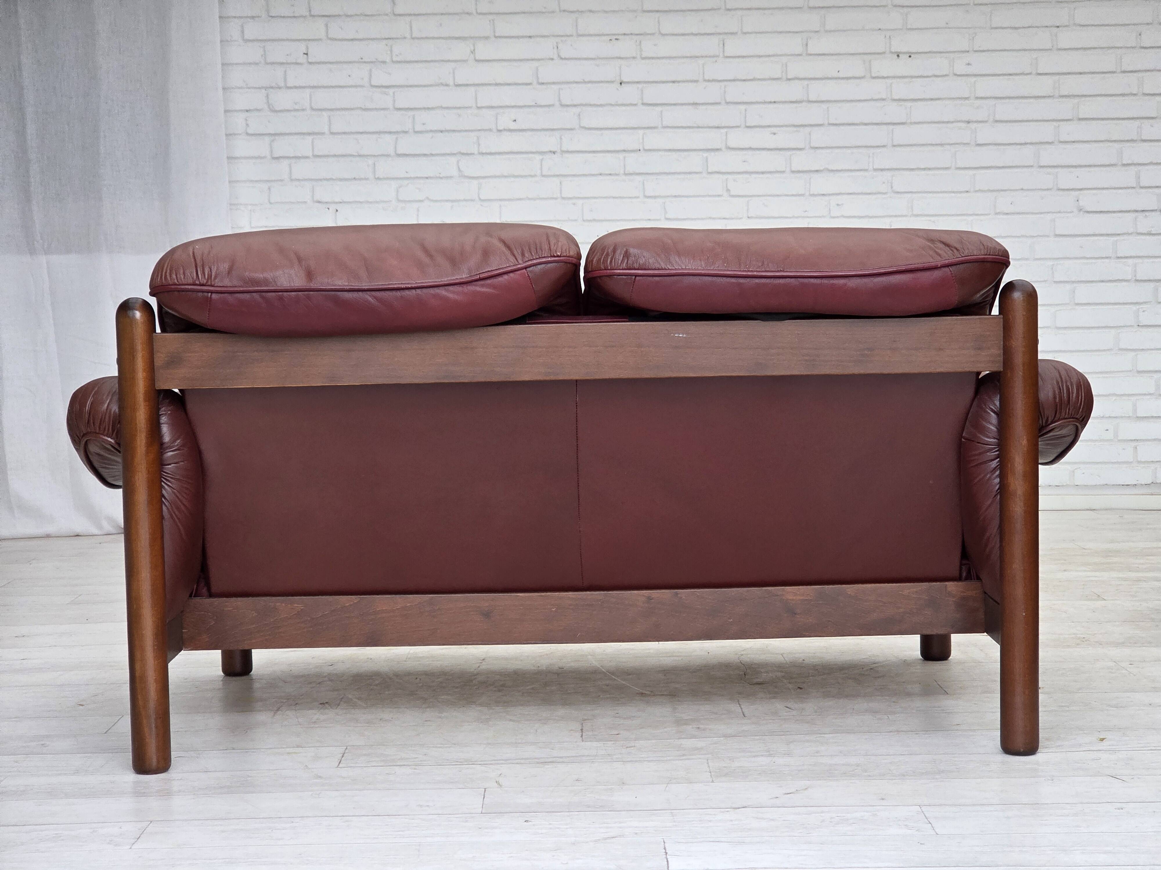 1970s, 2-seater Swedish sofa, brown leather with patina, dark beech wood.