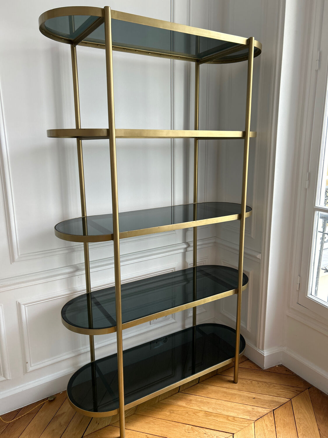 Shelf on brass and smoked glass feet