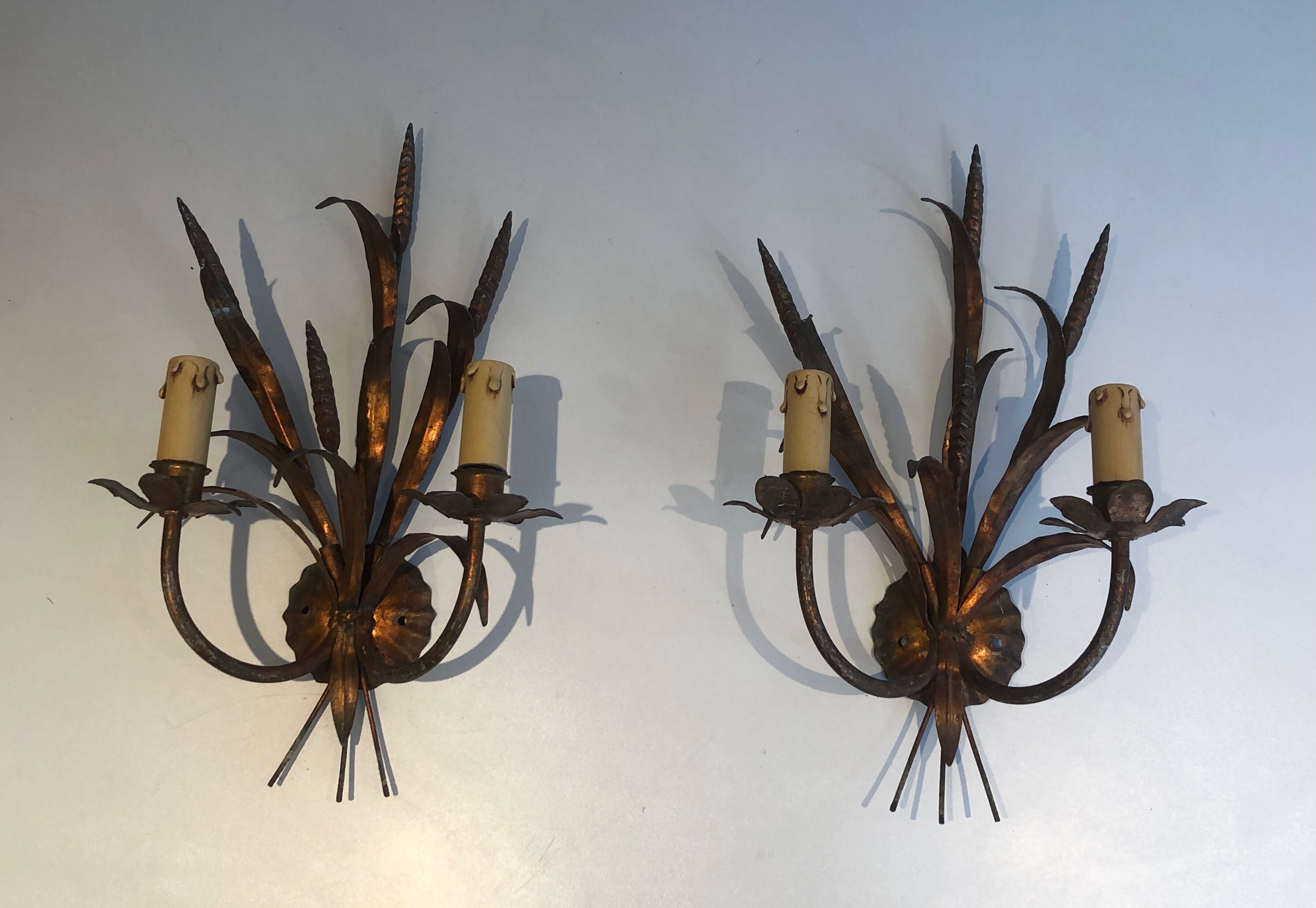 Pair of Coco Channel Style Wall Lamps in Golden Metal with Wheat Epis. French work. Around 1970
