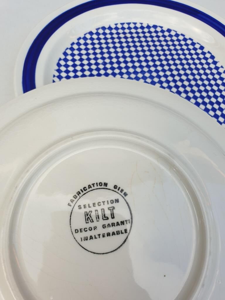 Set 3 variegated dessert plates Guy Degrenne and Gien cobalt blue