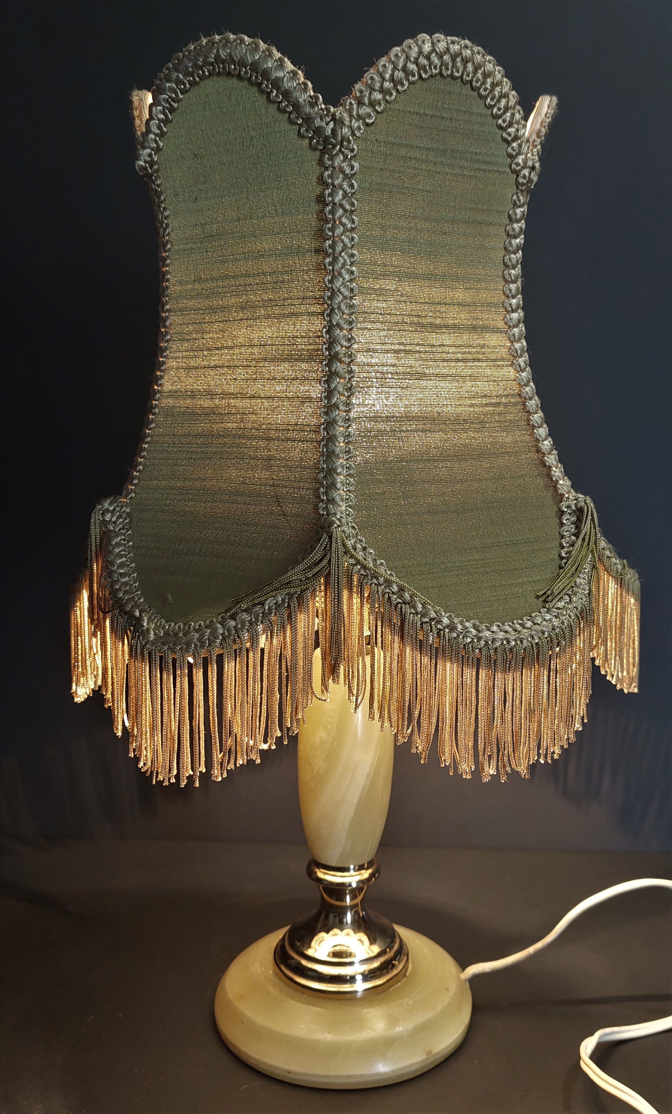 Vintage bedside table lamp onyx and brass lampshade with fringes