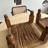 Stool in carved wood and rope from the 70s