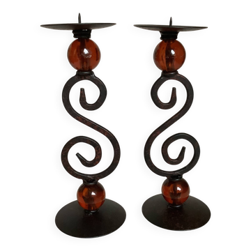 Paire de bougeoirs spirales et perles