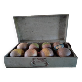Old game of wooden boules in wooden box