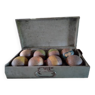 Old game of wooden boules in wooden box