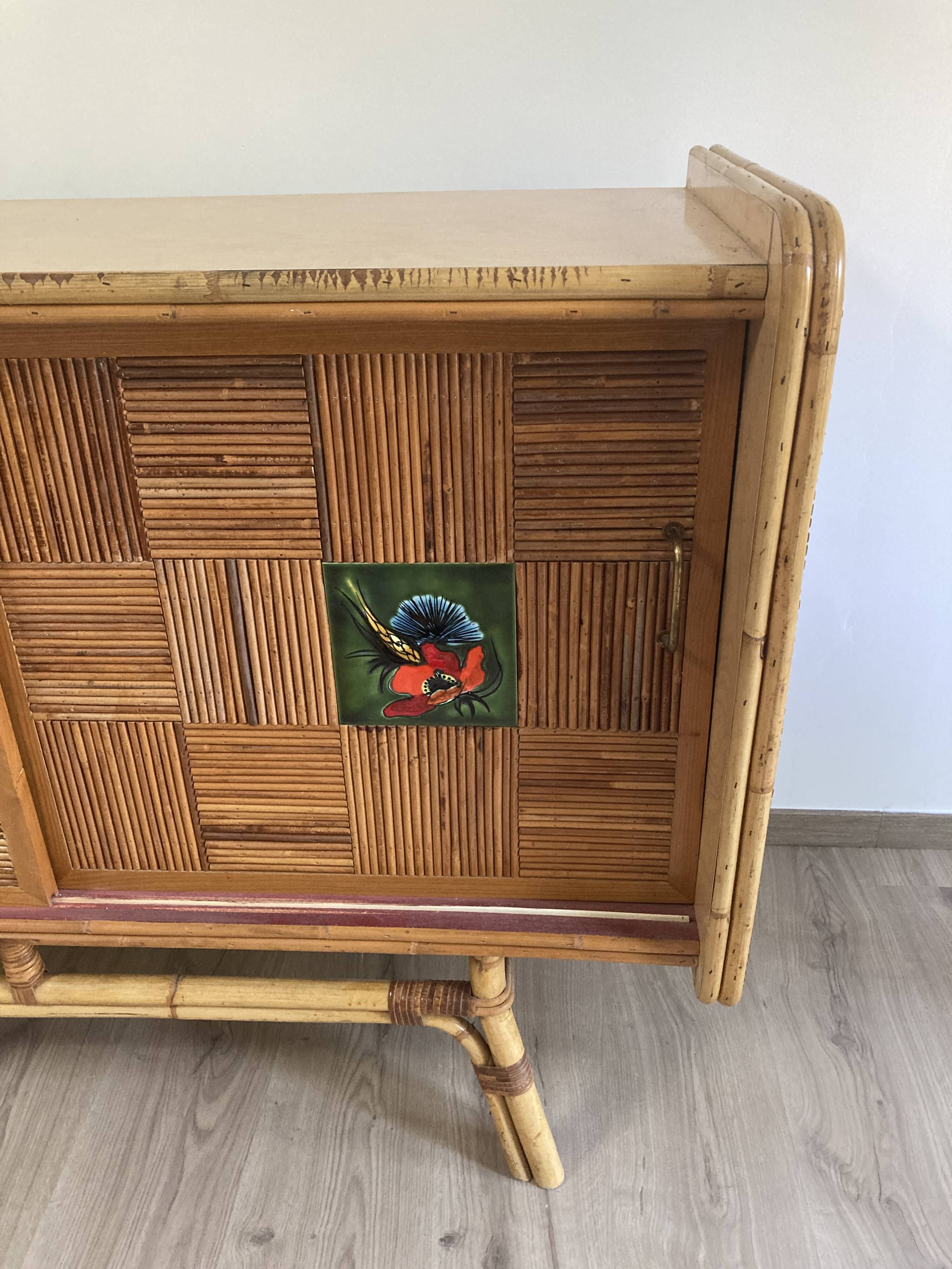 Rattan sideboard and ceramic tiles from vallauris 50s