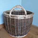 Very large round basket in two-tone braided wicker with handles