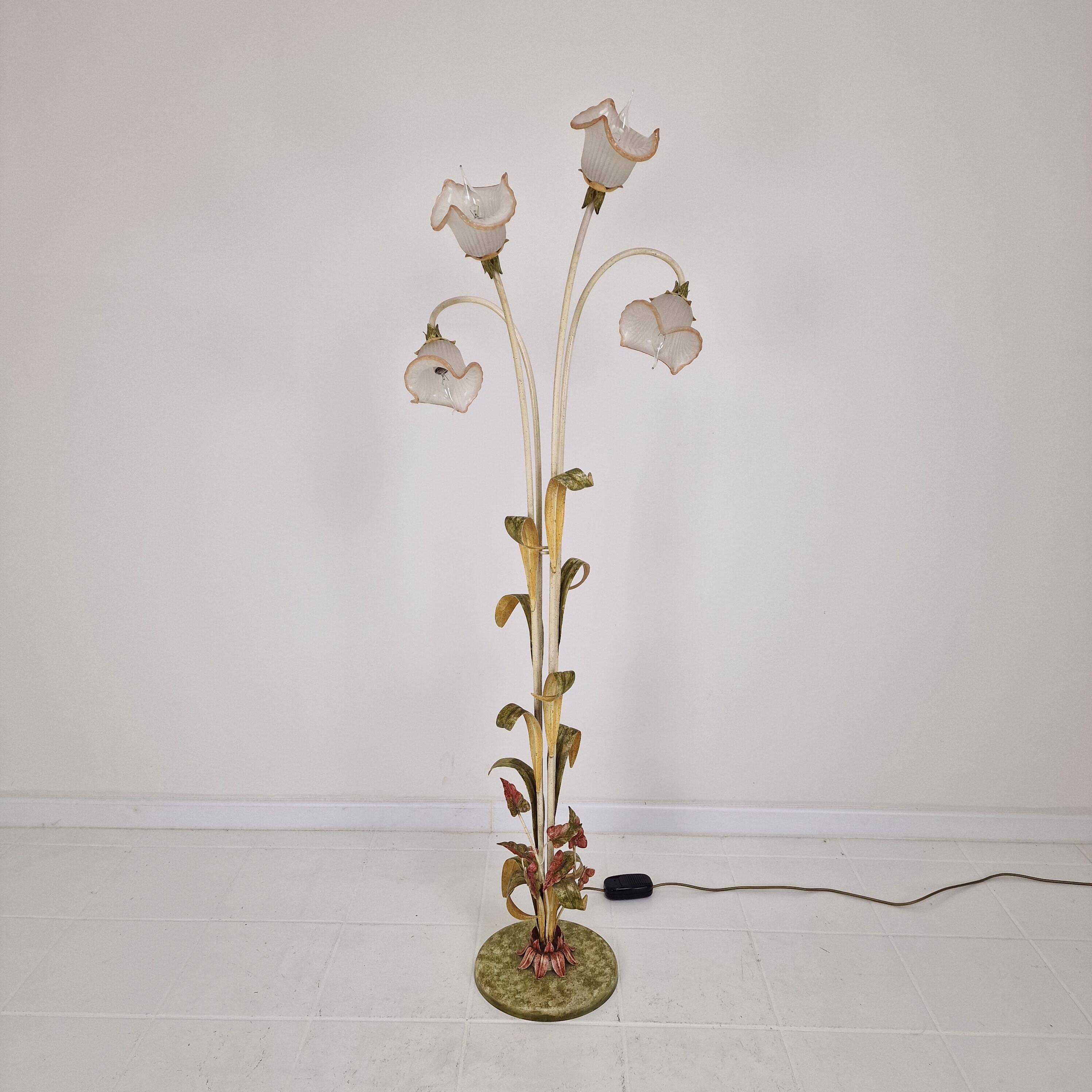 Italian Floor Lamp with Metal Stems, Leaf Details and Murano Glass Flowers