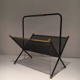 Black lacquered metal design magazine rack, perforated sheet and brass