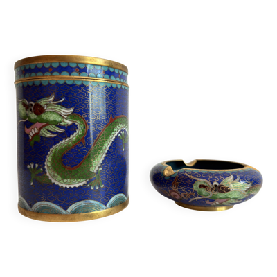 Pot chinois en émaux cloisonnés + Cendier assorti