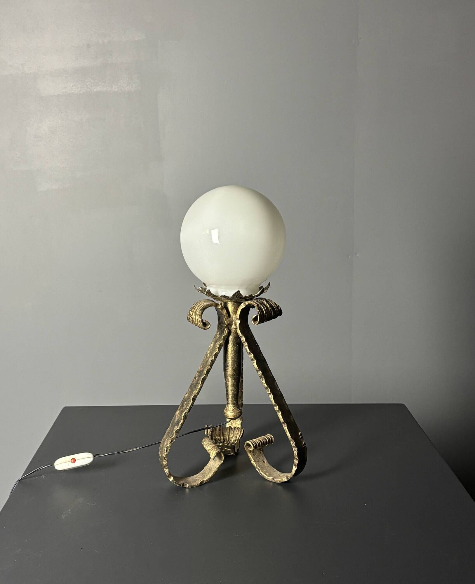 Midcentury brutalist wrought iron and opaline table lamp, Spain ca 1960s