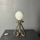 Midcentury brutalist wrought iron and opaline table lamp, Spain ca 1960s